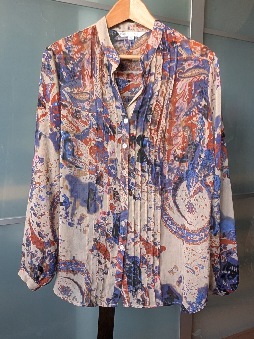 cleo Sheer Multicolor Paisley Print Pleated Blouse - Large